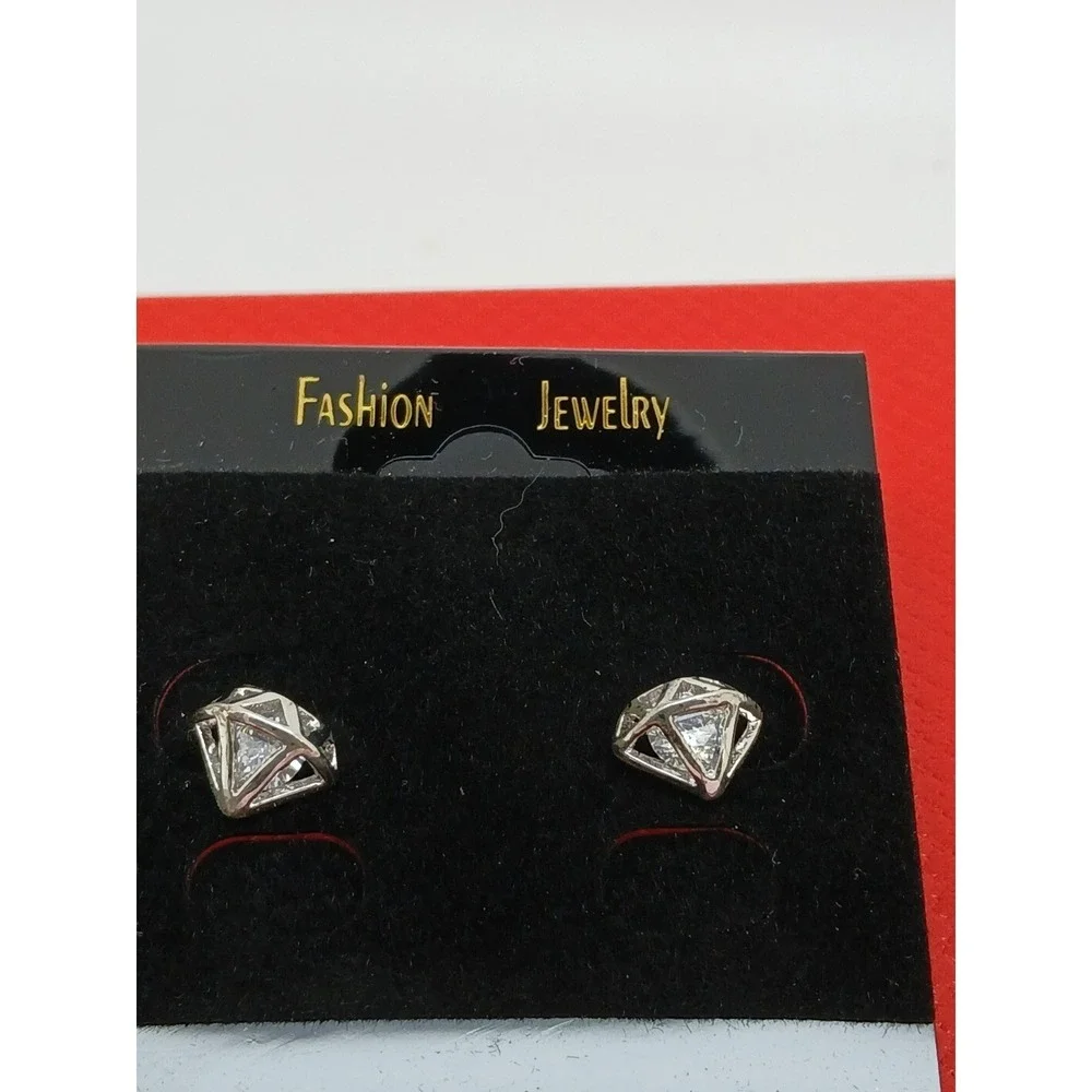 Vintage 90s Silver Tone Geometric‎ Diamond Cage Stud Earrings Clear Stone New